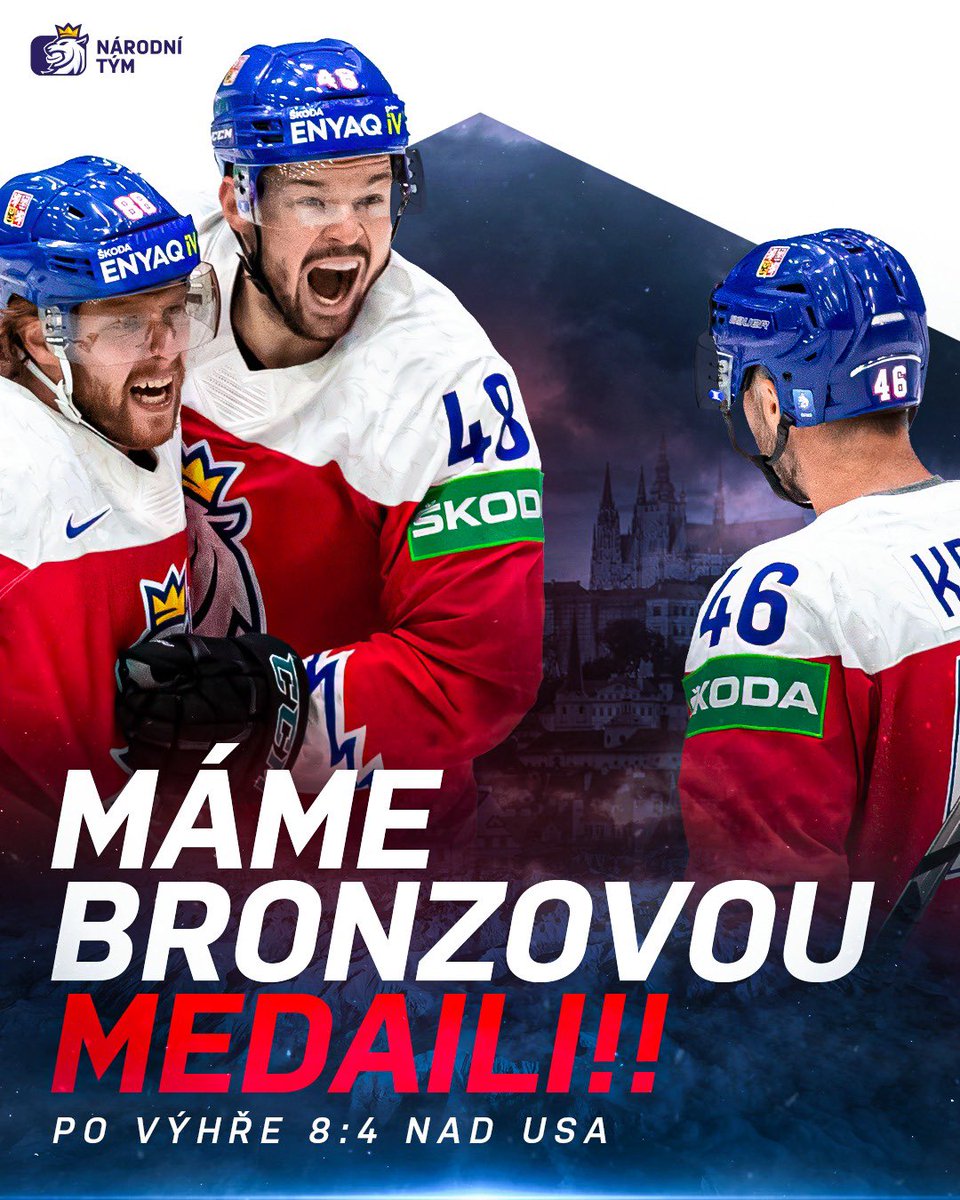 Desetileté čekání je u konce! 🇨🇿😍

V souboji s USA jsme předvedli fantastický obrat a vezeme domů bronz! 🥉 David Pastrňák se ve třetí třetině blýskl hattrickem 🍝

Děkujeme všem, co nám drželi palce 🎩⤵️ #narodnitym #jakolev #mshokej #IIHFWorlds