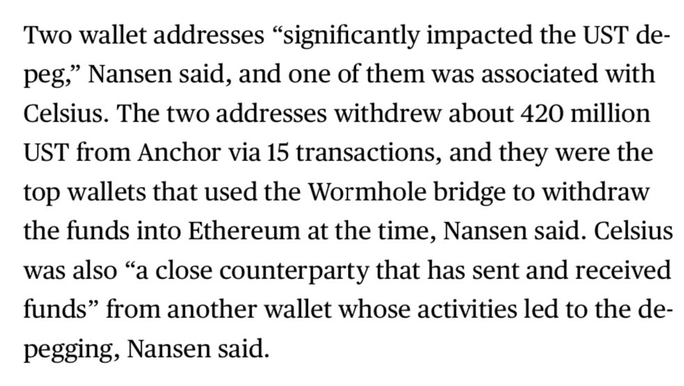 How poetic that it was <a href="/celsiusnetwork/">Celsius</a> who killed Luna UST (according to Bloomberg).

So not only did <a href="/mashinsky/">Alex Mashinsky</a> disable swaps on UST for their users during the crash, leaving them to watch their balances crater, he caused the crash in the first place 🤣

(Story url in comment)