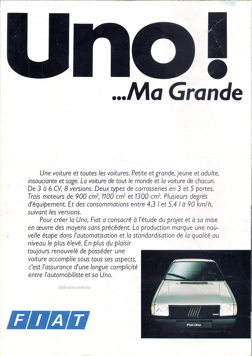 BrochureAuto's tweet photo. (5/5)
🇮🇹 Fiat Uno - 1983
Remplaçante de la Fiat 127, la Uno aura été produite à plus de 11 millions (!!) d'exemplaires entre 1983 et 2013, en Italie, Argentine, Inde, Pologne...
(Collection personnelle, 8 pages - 1983) https://t.co/sPKTmJPKBk