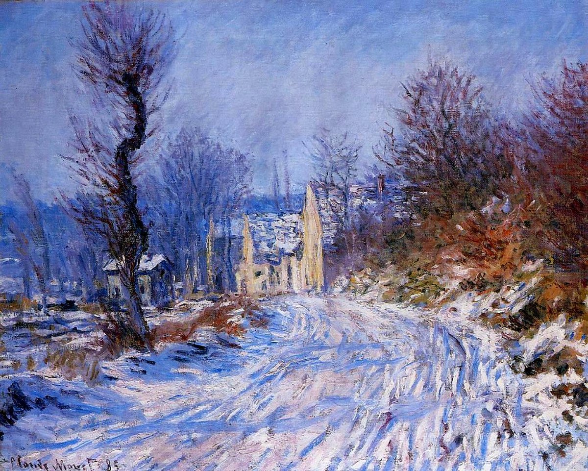 Road to Giverny in Winter, 1885 #impressionism #monet wikiart.org/en/claude-mone…