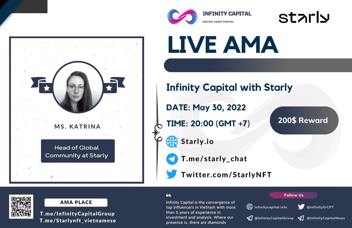 jackyminhtri's tweet photo. 📍Hello everyone,

Infinity Capital will hold an AMA with Starly @StarlyNFT on 30th May at 1:00 PM UTC.

https://t.co/Wv9tmNUcx4

🔹Please join👇
https://t.co/8d7U1onh2S
https://t.co/htPQ4N7eJs

Like &amp; Rt, tag 3 friends &amp; comment your question below (Max 3 questions each person) https://t.co/Pkmd8SRhRm