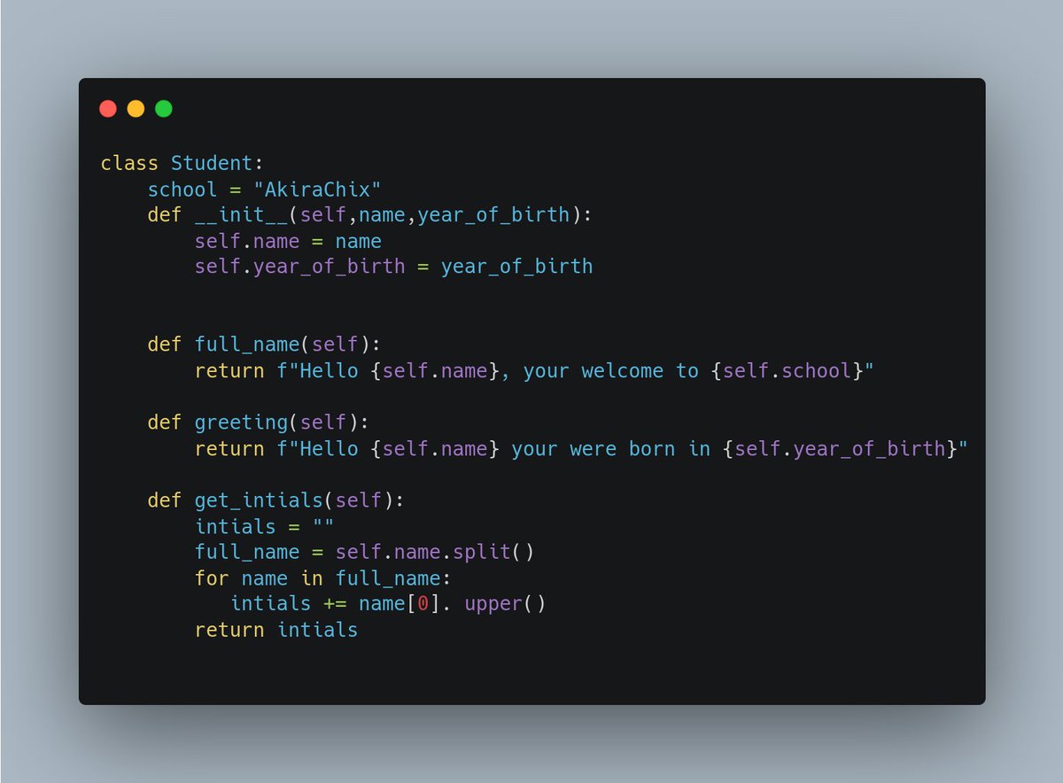 NakimuliSusan's tweet photo. Day 11 . Guess what I started, Object oriented Programming in Python and am so excited. For starters i began with how to instantiate, Instance Variables and class methods and i began with an object Student and some methods.
 #100DaysOfCode #codeHive2022 #IAMAKIRACHIX #Python https://t.co/Htv8tVh9lm