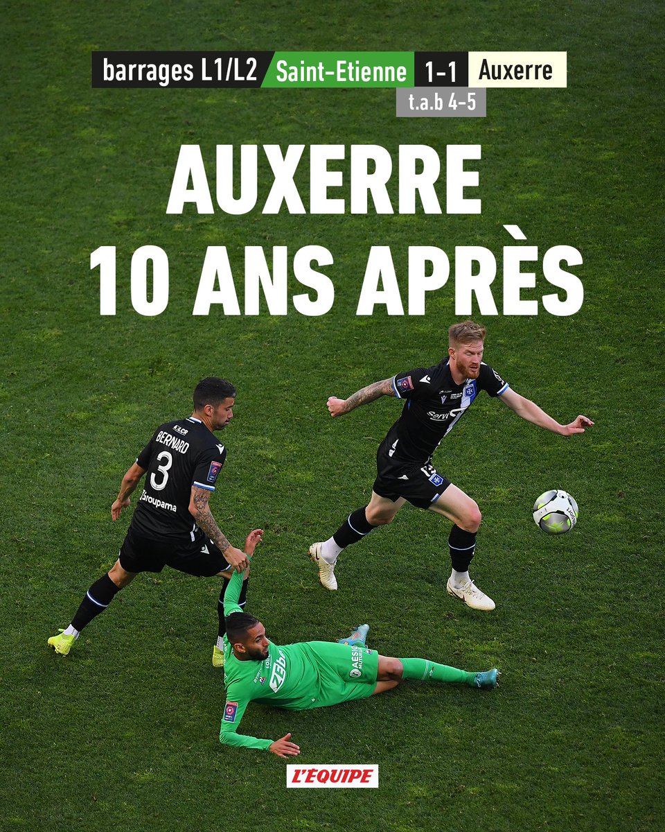 Auxerre s'impose aux tirs au but dans le barrage Ligue 1/Ligue 2 contre l'AS Saint-Etienne. Les Verts retrouvent la Ligue 2 ow.ly/lANZ30skQ7N #ASSEAJA