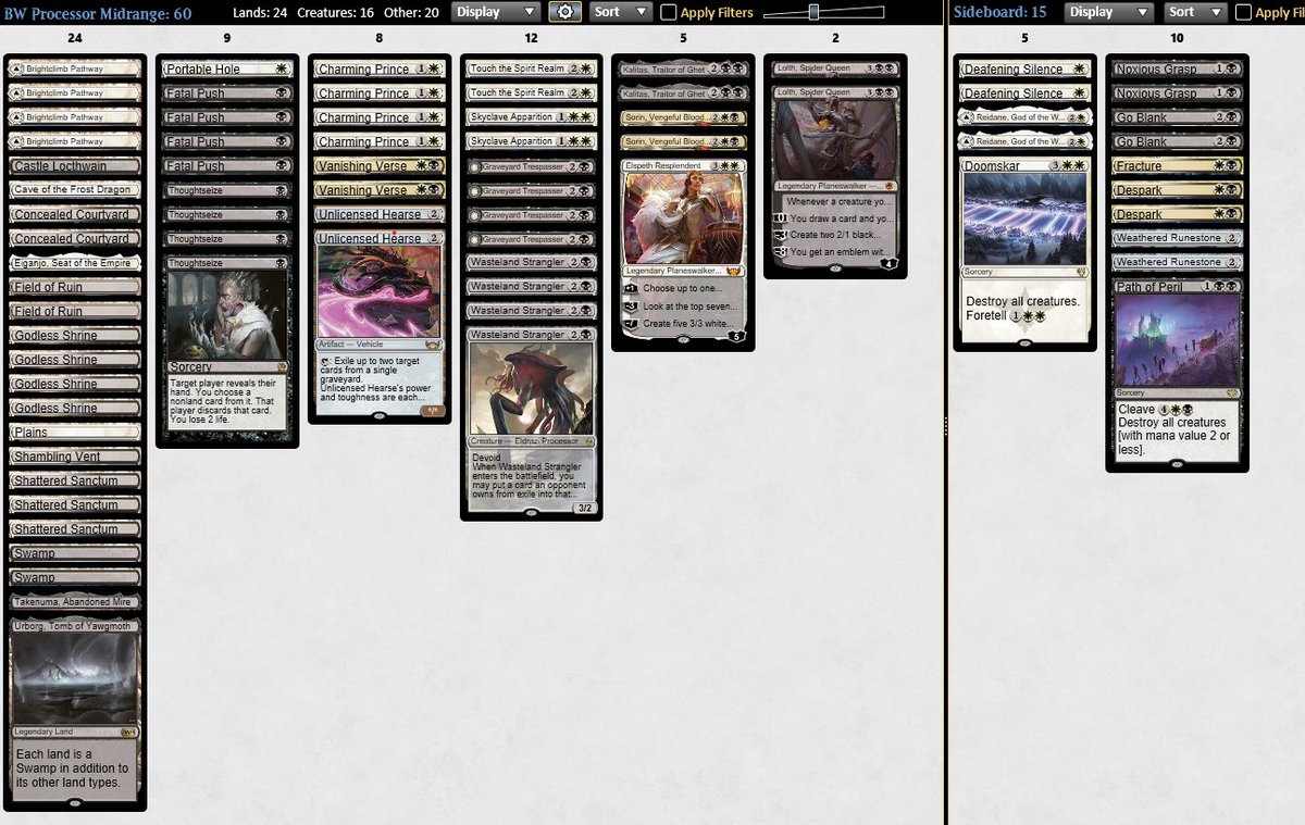 snake_eyes_mtg's tweet photo. I lied. I NEVER GIVE UP! Here’s like, version 200 of my #mtgpioneer BW Processor deck. It feels much better now. #mtg #mtgcommunity #mtgaddicts #mtgmidrange https://t.co/4J7JKSEIEI