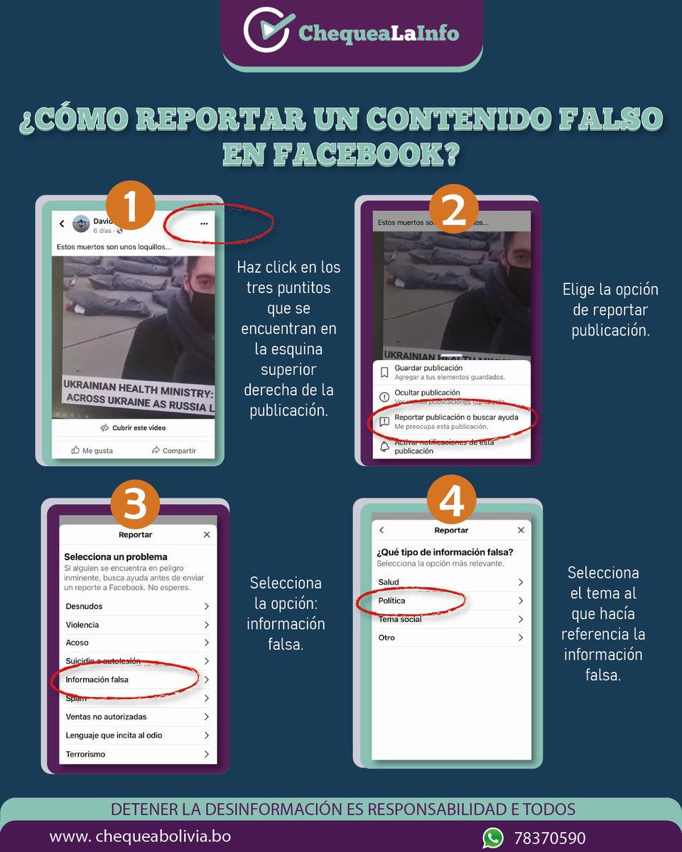 crisleoncor's tweet photo. La desinformación abunda en muchos formatos. ¿Sabemos cómo reportarla? En @ChequeaBolivia prepararon esta información para ayudarnos a combatirla. Acá un ejemplo en #Facebook #Chequealainfo https://t.co/QJ0Tot61Tu