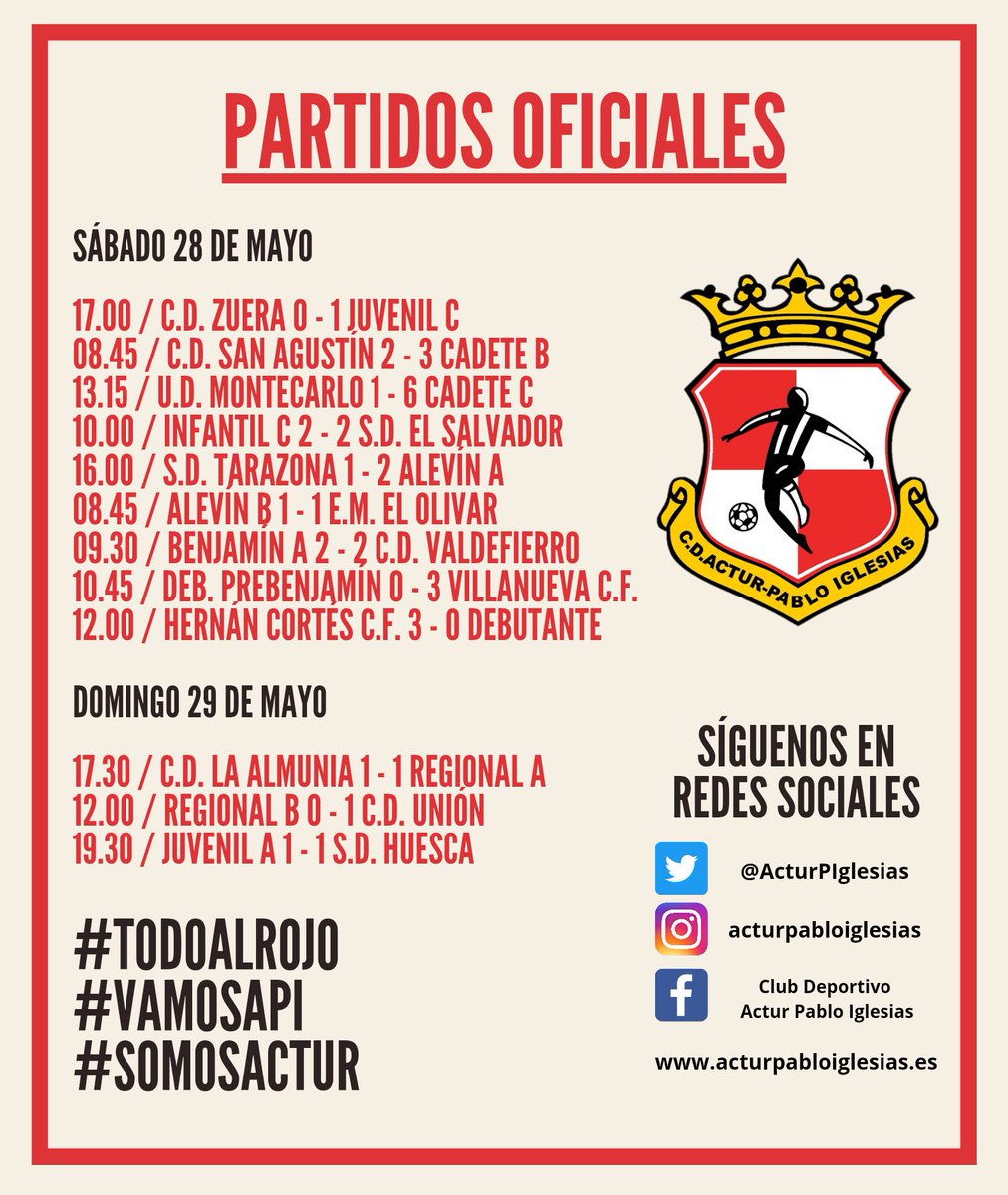 ActurPIglesias's tweet photo. ⚽ RESULTADOS | 28 y 29 de mayo
#TodoAlRojo 🔴⚪
#VamosAPI 🔴⚪
#SomosActur https://t.co/QrTOLtu3a6