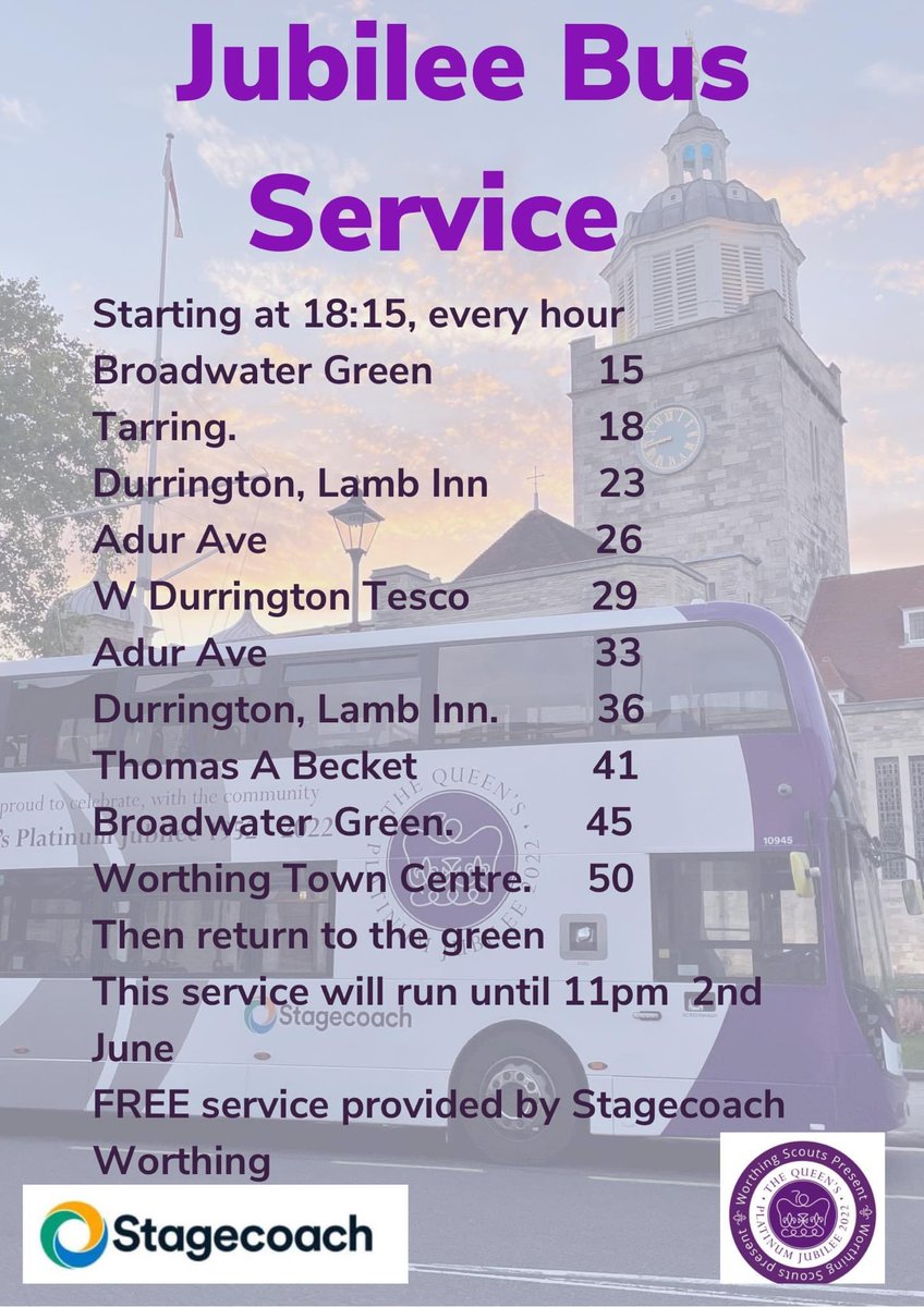The free bus service timetable, kindly being run by <a href="/StagecoachSouth/">Stagecoach South</a> on their #PlatinumJubilee bus. They’re even stopping for photo opportunities 🥰 
Massive MASSIVE thanks to them for helping bring the whole community together 🥳🥳