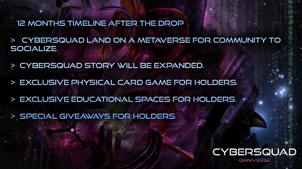 ROADMAP of <a href="/CyberSquadd/">CyberSquad CC0 - DROP IS LIVE</a> by @TheKaanAsici 
Mint date: July 1 on <a href="/EbisusBay/">Ebisu's Bay | GameFi - NFT Market - DEX</a> 
WL price: 400 CRO
Public price: 450 CRO
Join Discord for more info: discord.gg/cybersquad
#crofam <a href="/cryptocomnft/">Crypto.com NFT</a>