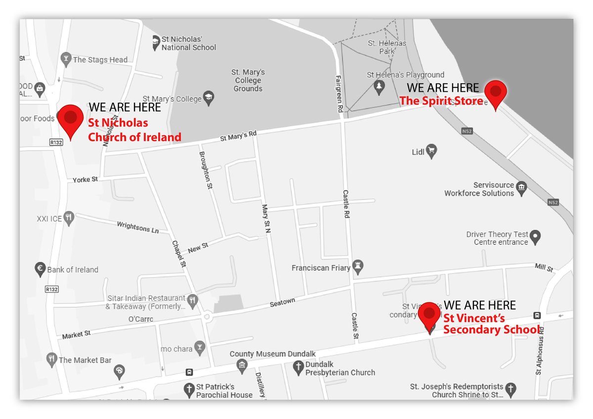 Map indicating venues for the Nothing has Changed.Everything has Changed Festival in Dundalk on 17-18 June 2022. More details louthcms.org