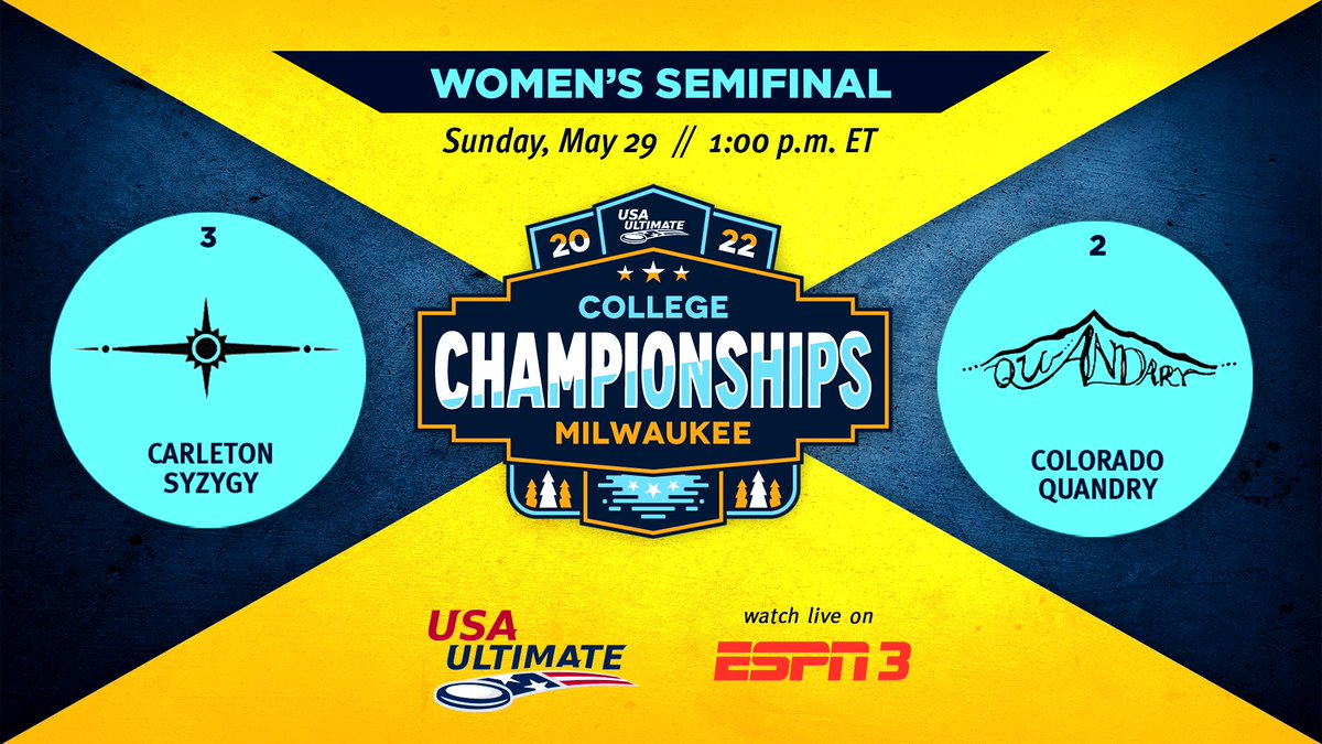 The first semifinal of the #USAUltimate #USAUCollegeChamps is about to start. Tune in to ESPN3 to catch <a href="/SyzygyUltimate/">Carleton Syzygy</a> (3) vs. <a href="/Quandaryult/">Quandary Ultimate</a> (2). espn.com/watch/player?i…