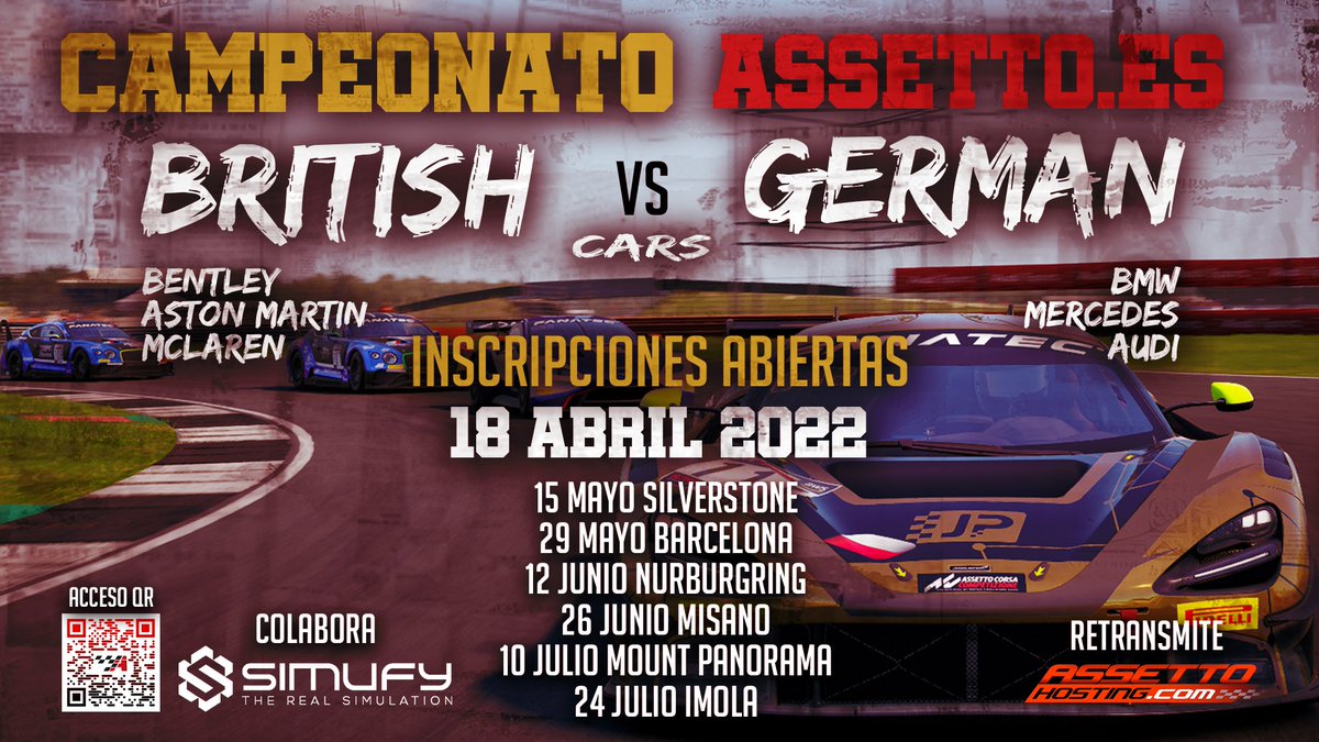 🟢Race day!

British vs Germany 

👉🏼 colabora Simufy.com tu tienda especializada en TODO lo necesario para el #simracing 

📌 <a href="/e_circuitcat/">eSports Circuit de Barcelona-Catalunya</a> Barcelona 
🔴 Q 20h
🟢 R 20:15

📺TV twitch.tv/assettohosting
Con <a href="/cbarranco__/">Carlos Barranco</a> y Alex