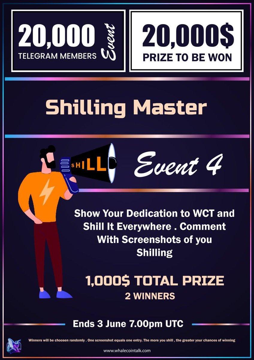 WhaleCoinTalk's tweet photo. 🎉 EVENT #4 - SHILLING MASTER 🚀

✅ 2 Shillers to be awarded $500 each! 🔥

TO PARTICIPATE ↙️
• Retweet
• Comment with a screenshot of you shilling WhaleCoinTalk on any crypto telegram group
• Tag 3 Friends
• One screenshot equals one entry

⏰ Event ends 3rd June at 7pm UTC https://t.co/GB0o3UQR8G