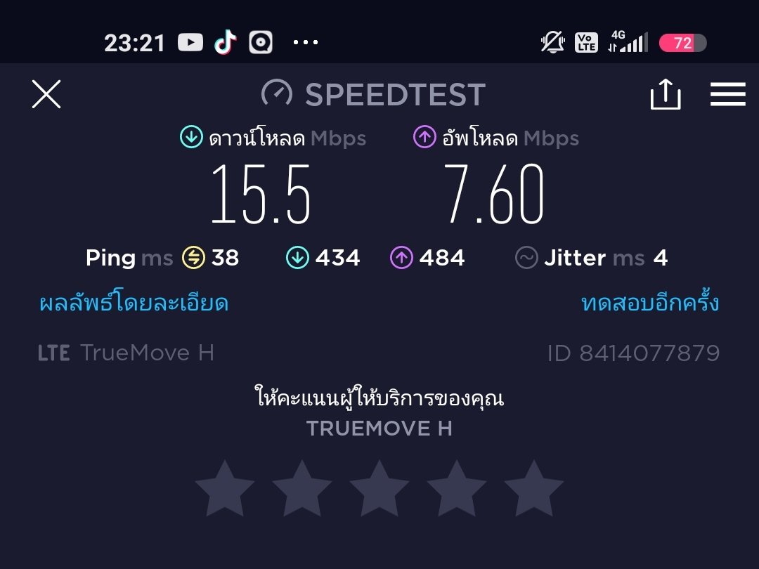 namfa_kulchat's tweet photo. True4G แถวบ้าน แพ็กเกจ 10 Mbps. แรงใช้ได้อยู่นะ 🥰👍🏻
#เน็ตทรู #truemoveh #testspeed https://t.co/KdbSIXJXov