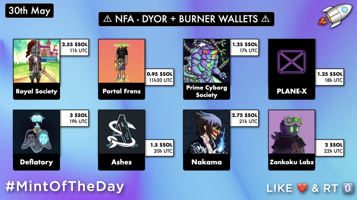 🔥 Tomorrow's Trending #SolanaNFTs 🔥

11UTC・<a href="/RoyalSocietyNFT/">Royal Society</a>・2.55 SOL
11:30UTC・@PortalFrens・ 0.95 SOL
17UTC・@primecyborgnft・1.25 SOL
18UTC・<a href="/PlaneX_io/">SUNSETTED - PLANE-X</a>・1.25 SOL
19UTC・<a href="/Deflatory/">Deflatory</a>・3 SOL
20UTC・<a href="/AshesNFT/">Ashes 🌋</a>・1.5 SOL
21UTC・@Nakama_meta・2.75 SOL
22UTC・@ZankokuLabz・2 SOL
