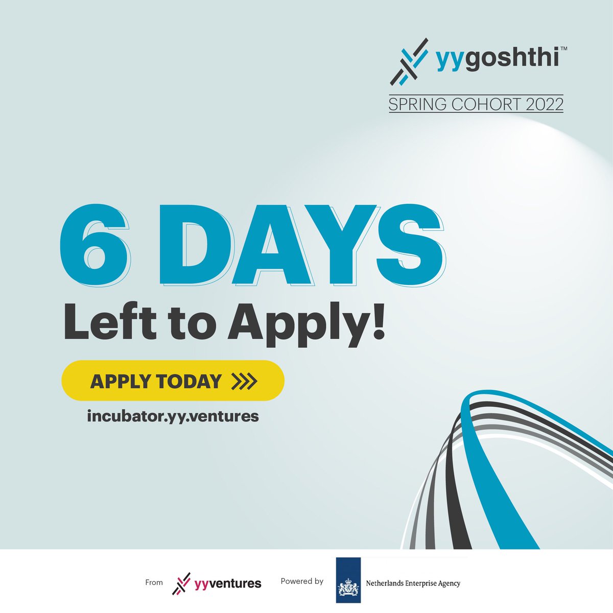 6 Days to go!
 
We're calling all socially and environmentally conscious entrepreneurs to apply to our premier incubation program.

Learn more about the program, and submit your applications by June 4, 2022👉 incubator.yy.ventures