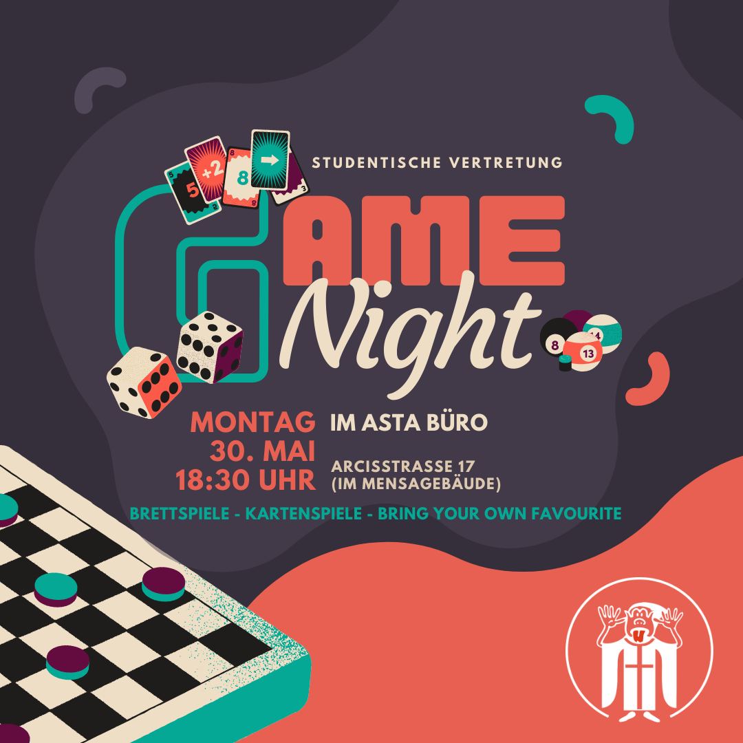 Schau vorbei zu unserem Spieleabend!

Wann? Montag 30. Mai ab 18:30 Uhr

Wo? im Büro der Studentischen Vertretung (AStA Büro), Arcisstr. 17 (im Mensagebäude)

Wir haben einige Spiele da, aber bring gerne deine eigenen Lieblingsspiele mit!

Wir freuen uns auf Dich!

 #sv4tum