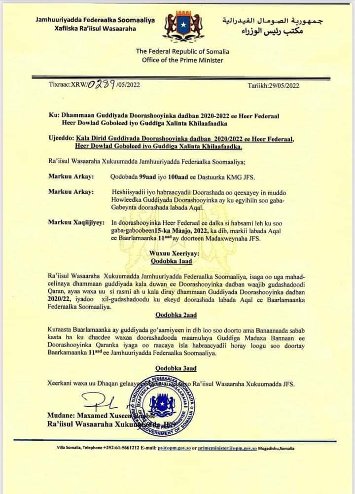 Somalia PM <a href="/MohamedHRoble/">Mohamed Hussein Roble</a> disbands indirect electoral committees at federal and regional level following the conclusion of the election. <a href="/MohamedHRoble/">Mohamed Hussein Roble</a> reactivates the @NIECsomalia to manage the election of any seats that become vacant or designated for re-contest.