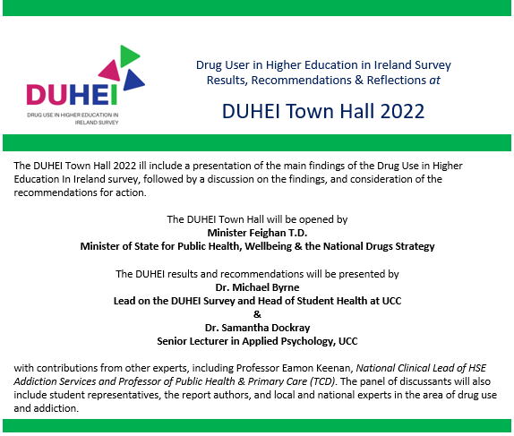 Starting DUHEI Town Hall 2022 with a huge 'hybrid' turnout of people interested in discussing the results of duehi.ie which reports on college students' behaviour, beliefs, concerns &amp; consequences of drug use by college students.