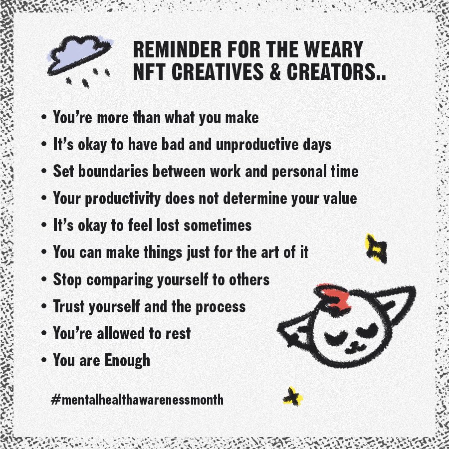 RebelRacoons's tweet photo. Hey homies 🐾

Here’s a little #mentalhealth reminder from Rudy and the Bandit Team to our fellow NFT Creatives and Creators out there 

Don’t be so hard on yourself, Rebel 🤙🏼
❤️ + RT if you relate to this

#rudydoodlez #NFTcommunity #NFTartists https://t.co/ytwxqWnXnv