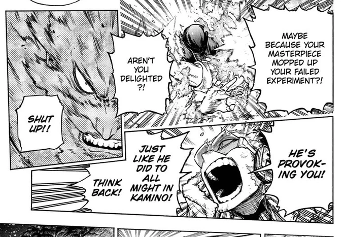 The angst that Hawks can't ever be a priority to Endeavor... Meanwhile he's doing everything for him. Also AFO doesn't fight with quirks, he fights with receipts, he's such a nasty girl bully in a highschool setting, maaaan. 