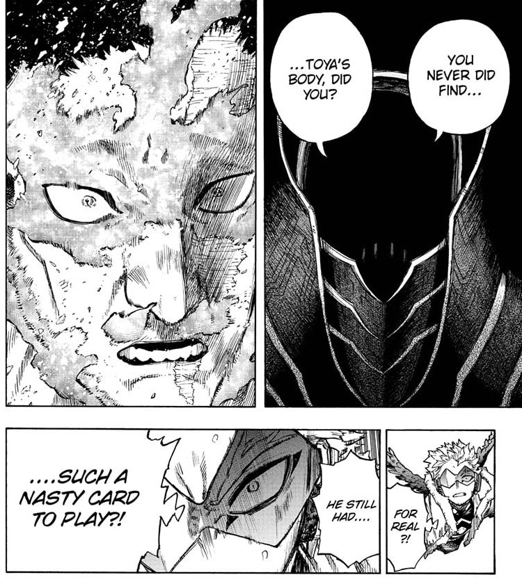The angst that Hawks can't ever be a priority to Endeavor... Meanwhile he's doing everything for him. 😔

Also AFO doesn't fight with quirks, he fights with receipts, he's such a nasty girl bully in a highschool setting, maaaan. 