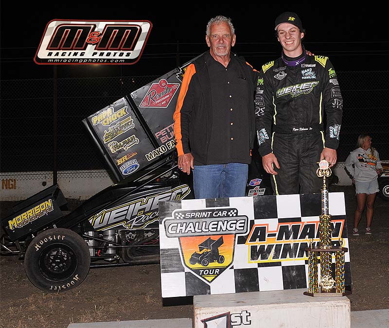 Congrats to Ryan Robinson and Weiher Racing for claiming their second career Sprint Car Challenge Tour victory last night at the Jimmy Sills Classic in Stockton. 

Ryan is shown here with the <a href="/sprintcarhof/">National Sprint Car Hall of Fame & Museum</a> Member. 

Image courtesy of M&amp;M Racing Photos
