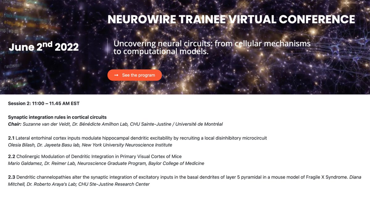 NeuroWire Virtual Club (@neurowireclub) on Twitter photo And there's more! #NeuroWireVirtualConference
11 AM: #synapticintegration in #corticalcircuits with ✨ talks from Olesia Bilash <a href="/basu_lab_NYU/">Basu Lab</a>, @galdamezmerio <a href="/viajake/">Jacob Reimer</a>'s lab, and Diana Mitchell <a href="/ArayAlab/">Araya NeuroLab🇨🇦</a>! Chaired by <a href="/Suzanne_vanderV/">Suzanne van der Veldt</a>
info ⬇️ neurowire.ca And there's more! #NeuroWireVirtualConference
11 AM: #synapticintegration in #corticalcircuits with ✨ talks from Olesia Bilash <a href="/basu_lab_NYU/">Basu Lab</a>, @galdamezmerio <a href="/viajake/">Jacob Reimer</a>'s lab, and Diana Mitchell <a href="/ArayAlab/">Araya NeuroLab🇨🇦</a>! Chaired by <a href="/Suzanne_vanderV/">Suzanne van der Veldt</a>
info ⬇️ neurowire.ca