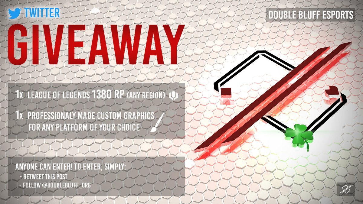 Double Bluff Esports (@doublebluff_org) on Twitter photo To celebrate the start of the summer split, we are throwing a GIVEAWAY!
Anyone can enter!
You just have to:
✅ Follow <a href="/DoubleBluff_org/">Double Bluff Esports</a>
🔁 Retweet and ♥️ this tweet
Winners will be announced before the start of our first game (which is in less than 2 weeks).
Good luck!🍀 To celebrate the start of the summer split, we are throwing a GIVEAWAY!
Anyone can enter!
You just have to:
✅ Follow <a href="/DoubleBluff_org/">Double Bluff Esports</a>
🔁 Retweet and ♥️ this tweet
Winners will be announced before the start of our first game (which is in less than 2 weeks).
Good luck!🍀