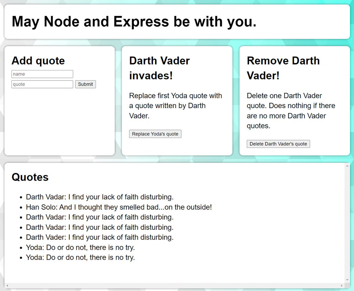 mayanwolfe's tweet photo. Hey #100Devs! Do you feel like CRUD? I do! Let's follow the @zellwk tutorial to build a full-stack CRUD app that uses Node and Express to deliver Star Wars quotes to and from MongoDB. Join me tonight (05/29) at 6:30pm ET on Twitch! https://t.co/VmgkIRrY78
https://t.co/fvdGaU8tet https://t.co/Rb6dgsrbAD