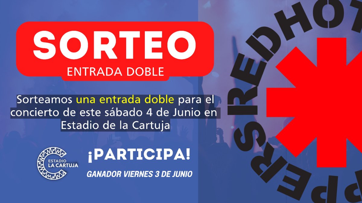 🔴[SORTEO]🔴 

Una entrada doble para ver a <a href="/ChiliPeppers/">Red Hot Chili Peppers</a> el próximo sábado 4 de Junio en <a href="/EstadioCartuja/">Estadio La Cartuja</a> te esta esperando

1️⃣ Siguenos en Twitter ⭐️<a href="/EstadioCartuja/">Estadio La Cartuja</a> ⭐️
2️⃣ RT esta publicación 
3️⃣ Menciona o cita a la persona con la que te encantaría venir

🚨Hasta el 3 de Junio