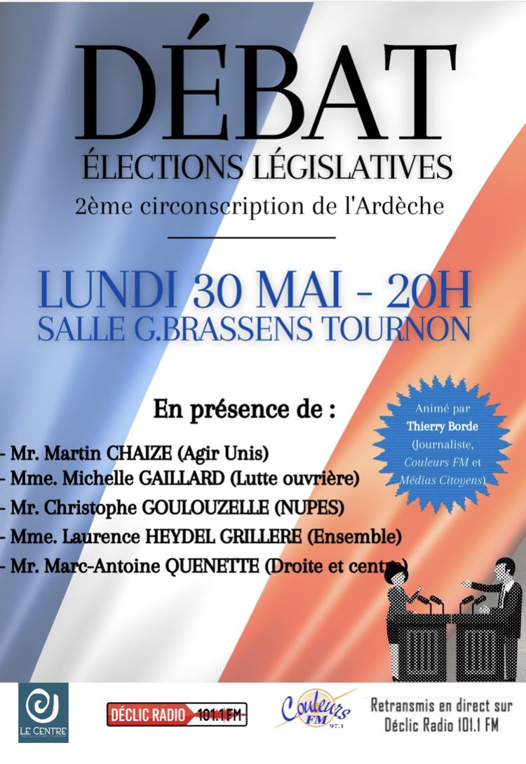 martin_chaize's tweet photo. Débat du premier tour des #legislatives2022 avec le centre socioculturel de Tournon demain.
Hâte de pouvoir rencontrer les autres candidats et échanger avec les citoyens sur nos projets pour l’Ardèche et la France !

@agir_unis #NordArdeche #democratie https://t.co/zq1yqvDzbp