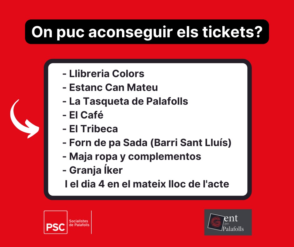 pscpalafolls's tweet photo. ❓ Encara no tens el teu tiquet per la botifarrada popular que farem el pròxim 4 de juny després de la presentació de Joan Vila com a candidat
Aquests són els punts on podràs aconseguir el teu tiquet 👇👇
#pscpalafolls #gentxpalafolls #candidatalcaldia #botifarradapopular https://t.co/zHjdpctusP