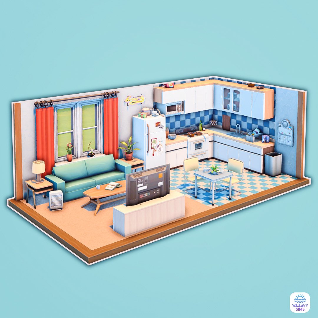 waaavysims's tweet photo. Another #ArtToBuild! Wanted to recreate this cool living room/kitchen by @timothypeacock🎨 Might turn this into a little starter home! #TS4 #ShowUsYourBuilds https://t.co/lOcGuyHebe