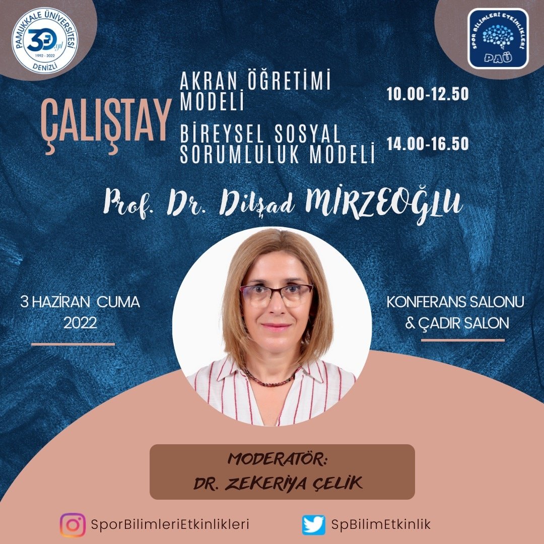 VI. Spor Bilimleri Etkinliklerinin üçüncü gününde, Akran Öğretimi Modelini ve Bireysel Sosyal Sorumluluk Modelini kapsayan çalıştay Prof. Dr. Dilşad Mirzeoğlu tarafından gerçekleştirilecektir.

<a href="/GokceErturann/">Gökçe Erturan</a> <a href="/ynsarsln/">YUNUS ARSLAN</a> <a href="/utkuAlemdaroglu/">utku Alemdaroğlu</a> <a href="/ugursonmezoglu/">Prof. Dr. Uğur Sönmezoğlu</a> <a href="/snysbf/">sinan yıldırım</a> <a href="/hecinargur/">Halil Emre Çınargür</a>