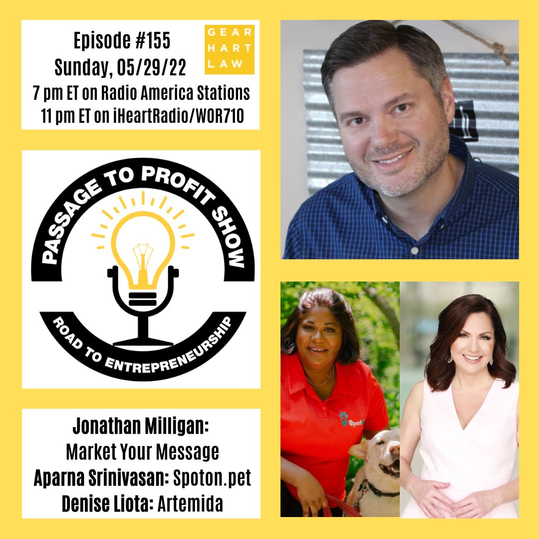passagetoprofit's tweet photo. 📣ANNOUNCING THE FANTASTIC ENTREPRENEURS ON TONIGHT's #PassagetoProfit!

✨@JonMilligan #MarketYourMessage #YourMessageMatters
🐶#AparnaSrinivasan #SpotOn
💜#DeniseLiota #Artemida

📻5/29/22 @ 7pm ET on @RadioAmericaNet &amp; @ 11pm ET on @iheartradio @710WOR

https://t.co/9rOg6FQ3Ei https://t.co/vrpP1Gl8NV