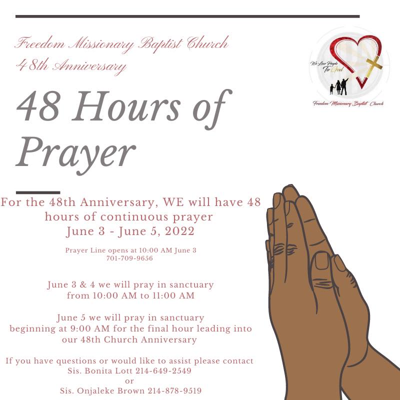 FMBCDallas's tweet photo. Prayer changes things! In celebration of our 48th church anniversary, we will have 48 hrs of PRAYER!

We hope that you and your families will join us. https://t.co/wCv0gVnH9i