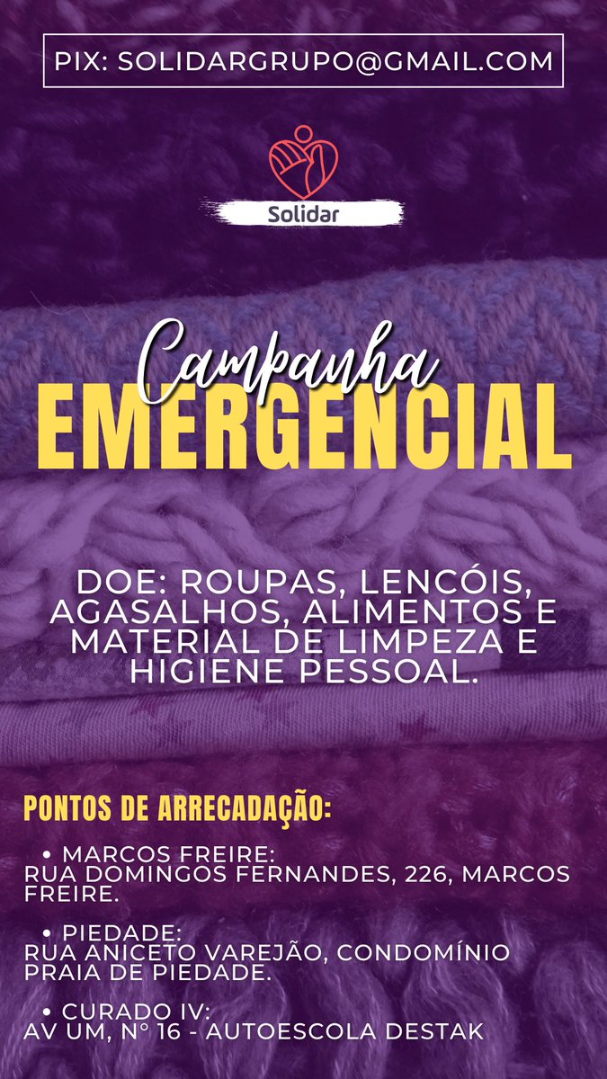 solidargrupo's tweet photo. 🚨CAMPANHA EMERGENCIAL🚨

Doe: roupas, lençóis, agasalhos, sapatos, alimentos e produto de limpeza e higiene pessoal.

Pix: solidargrupo@gmail.com 

https://t.co/wfON9UZ1D5 https://t.co/3tRovWFd5N