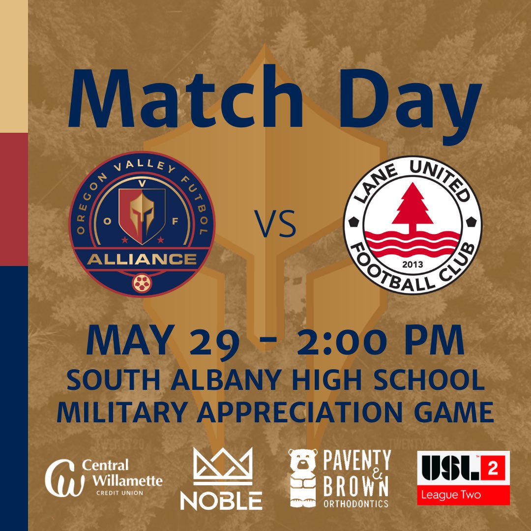 OVFAllianceU23's tweet photo. ⚔️MATCH DAY🛡

Come to South Albany High School to watch as we take on @LaneUnitedFC in our Military Appreciation Game! All active military, reservists and veterans get in FREE! Gates open at 1:00 pm.

#forthevalley #path2pro #bluebrigade #OVFvsLUFC https://t.co/bd2Od29SyL