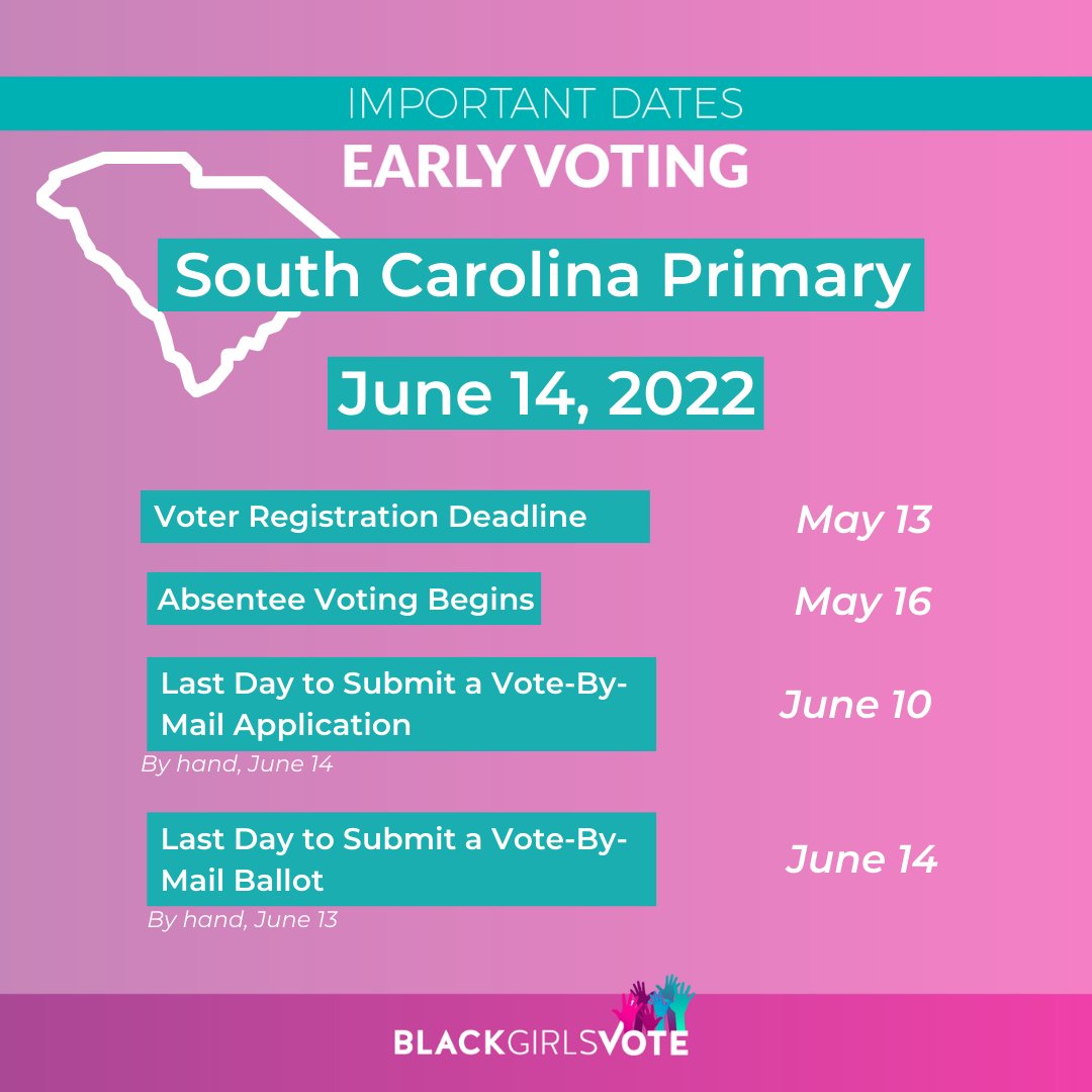 blackgirlsvote's tweet photo. Hey sis, we've rounded up the next important early voting dates for primary elections so you don't miss out!
🚨Virginia has a voter registration deadline on May 31st 🚨
#BGV #BlackGirlsVote #HeWillVote #SheWillVote #Primaries2022 #VAisForVoters #SCVotes #NevadaVotes #YallVote https://t.co/edTVoeabxg