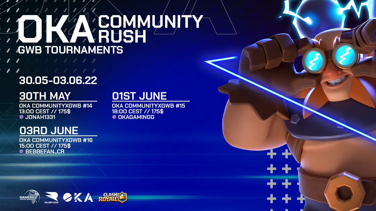 Our weekly overview about our #ClashRoyale tournament series together with Rush.GG 👀

23.05.-03.06.❣️

Insane casts and cool prices 💰🔥

Don't miss any tournaments😉☝️

#GOKA🔲