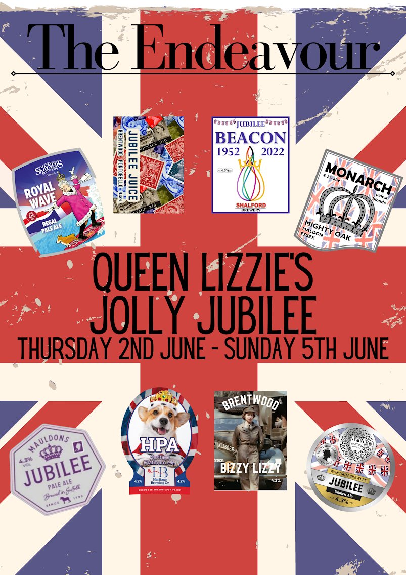 The Endeavour #Chelmsford is having a #beer festival over the Jubilee weekend with 12 different real ales on offer.

Also, <a href="/WoolpackEssex/">Woolpack Chelmsford</a> is having a #Jubliee festival on 4th June and a <a href="/TimothyTaylors/">Timothy Taylor's Brewery</a>  tap takeover.

#CheersChelmsford 🍻
#PlatinumJubilee 

♥️🍺
#Essex