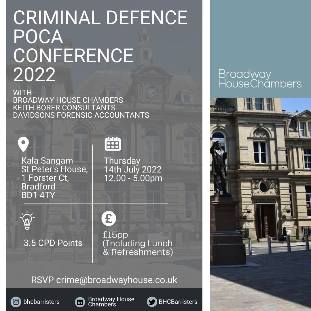 joshuabknight's tweet photo. Calling all criminal defence solicitors! 📣
Join us for our POCA Conference 2022 held in partnership with @KBCforensics and @DavidsonsFA 🙌
When? 12-5pm - Thursday 14th July
Where? Kala Sangam, Bradford
How? RSVP crime@broadwayhouse.co.uk
#proceedsofcrimeact https://t.co/UntM7xTIWr