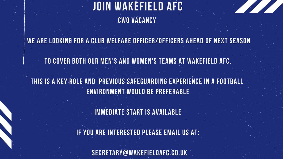 🚨 We're Hiring 🚨

The club is looking for a new CWO or officers to oversee our men's and women's teams for the 2022/23 season.
Previous safeguarding experience or working in a football environment would be advantageous. 
More information here 👇
thefa.com/-/media/files/…
❤️🤍💙