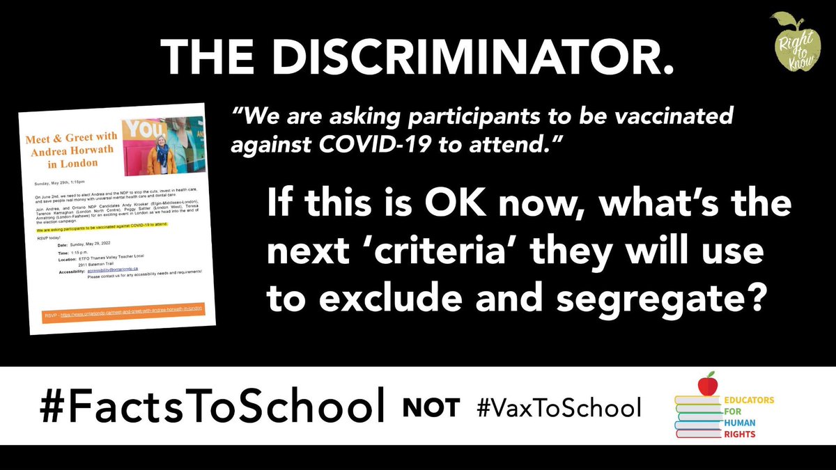 EducatorsHuman's tweet photo. @ETFOeducators &amp; @etfotvtl, why are you promoting @OntarioNDP who blatantly discriminate? Refer to your mission statement re: EQUITY. #FreedomOfChoice #FactsToSchool NOT #VaxToSchool 👀
https://t.co/YtMc1wPgvR https://t.co/4pYq5ciFdI