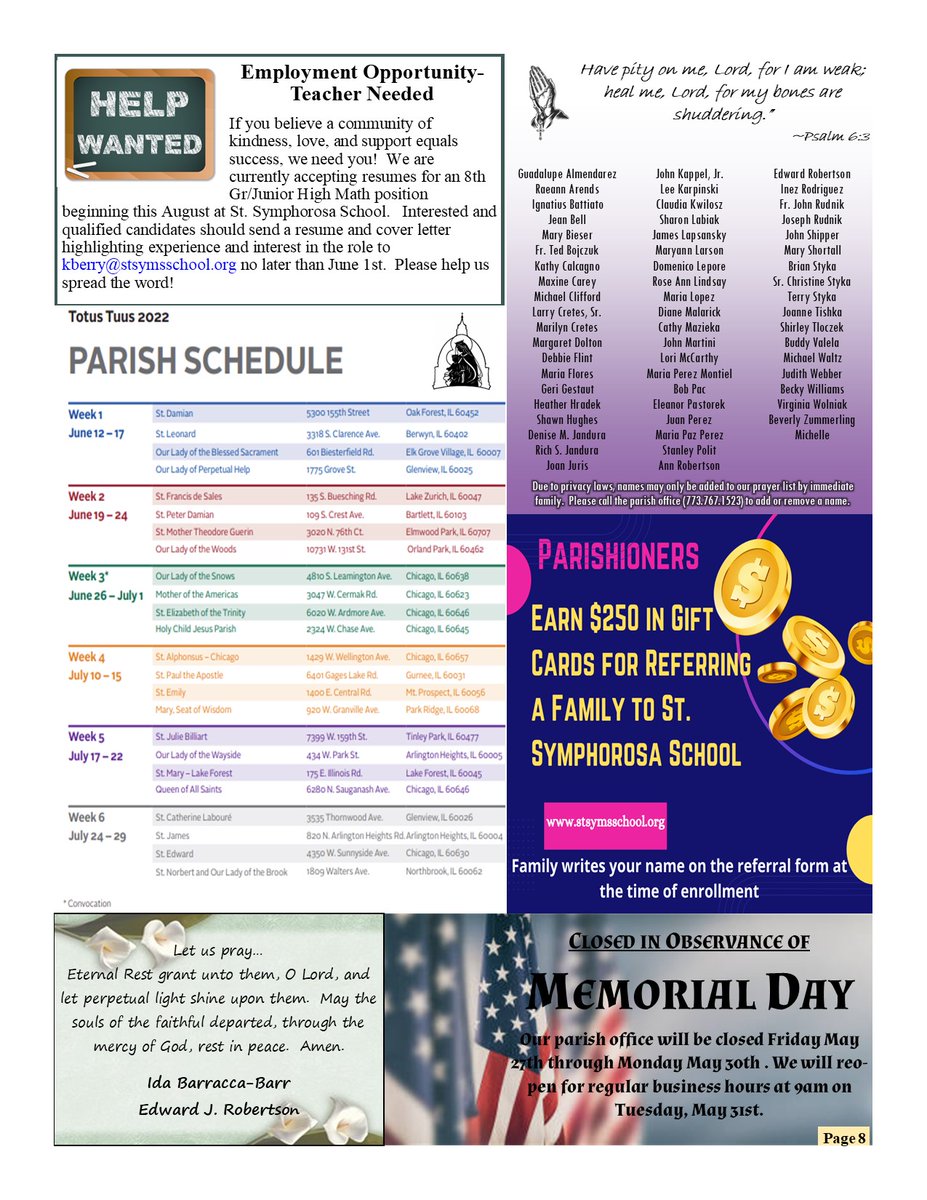 twoholymartyrs's tweet photo. Help wanted, summer jobs, bingo, School &amp; RE news &amp; more in this weeks bulletin! Don't forget that our bulletin can be viewed on our website, Facebook, Twitter, Instagram &amp; in print at both worship sites. Take a look &amp; join us! (part 3) #churchbulletin #thm #joinus https://t.co/FTn5FeRvQe