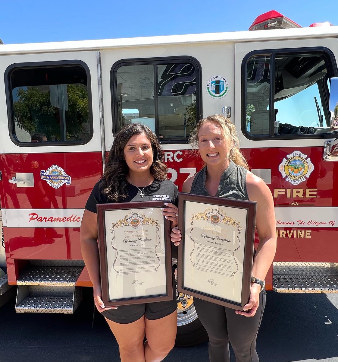 OCFireAuthority's tweet photo. We had the honor of presenting lifesaving awards to @City_of_Irvine Portola High School P.E. teacher Brittany Frymire and athletic trainer Kathryn Cleek for their quick actions that saved the life of a student in March. https://t.co/GtF15pYI9K
