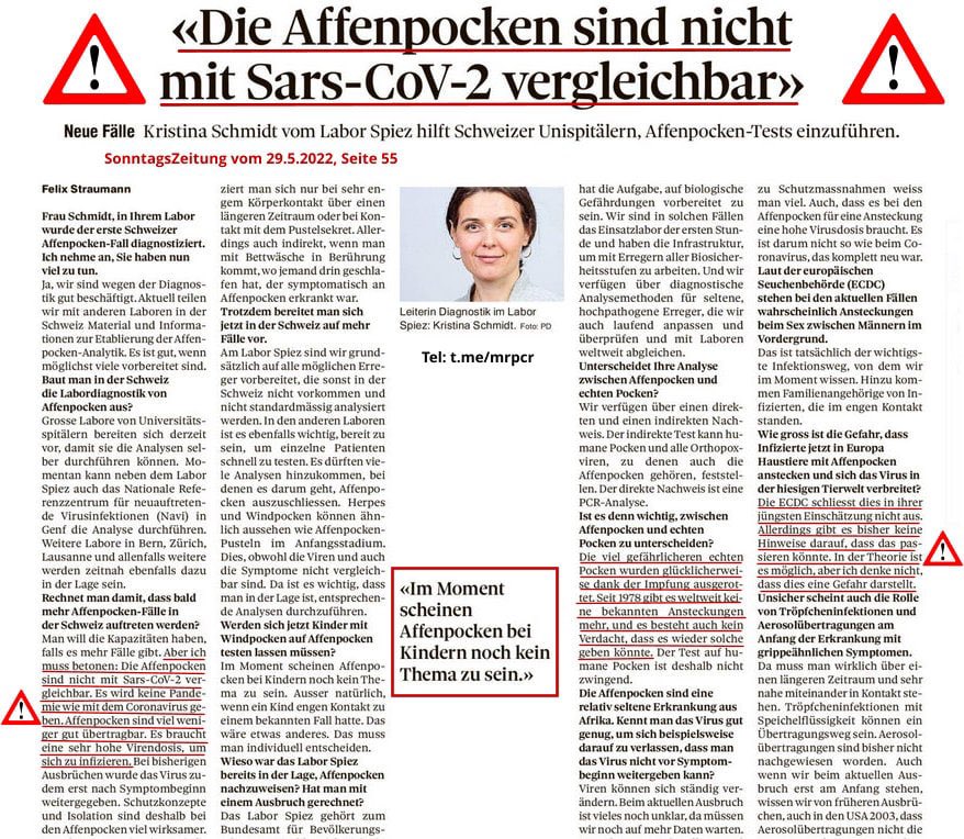 <a href="/BMG_Bund/">Bundesgesundheitsministerium</a> <a href="/Karl_Lauterbach/">Prof. Karl Lauterbach</a> Mit Affenpocken wird es keine Pandemie geben, wie sehr #Lauterbach das auch herbeireden will!!!

Leiterin Diagnostik des bundeseigenen Labor Spiez, Kristina Schmidt, gibt der SonntagsZeitung Auskunft zu den erst seit kurzem auftretenden Affenpocken Fällen.