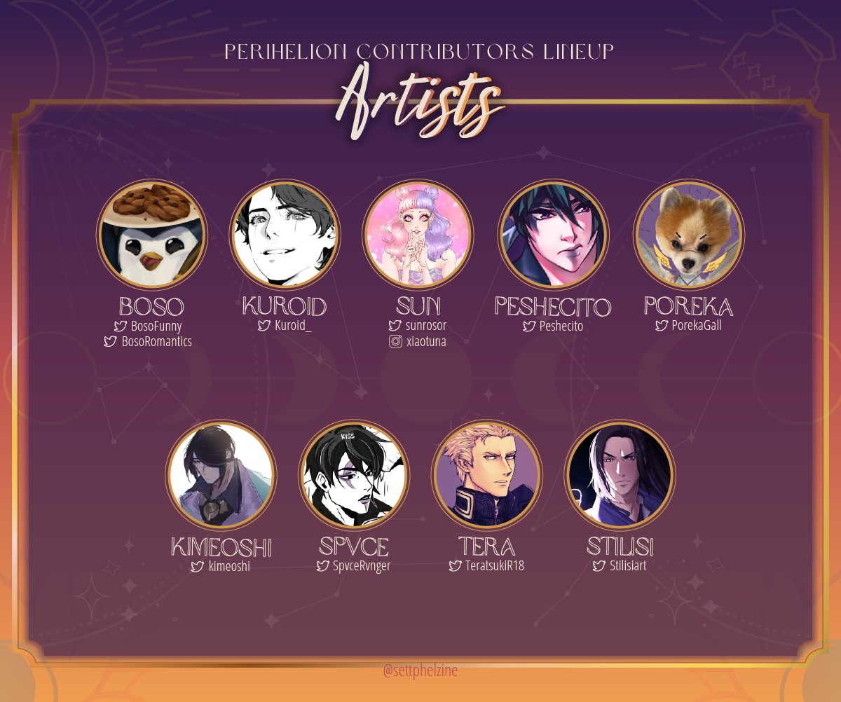 It's time to announce our incredible artist contributors!

Stay tuned because this is only the first group of four! We'll be announcing all afternoon. Artist socials are linked below! 👇