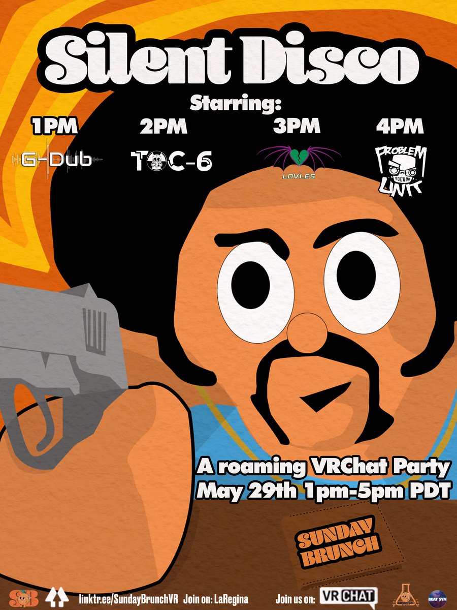djtoc6's tweet photo. @SundayBrunchVR
 Pulp fiction inspired continuation of Crime Themed month

May 29th. 1-5pm PT
Featuring:
@G-Dub  
@toc6  
@Loveless  
@ProblemUnit 

Join us in VRChat on LaRegina
https://t.co/cU58uupQ8V
#VR #Vrchat #SundayBrunch https://t.co/XBRQBDjmuD