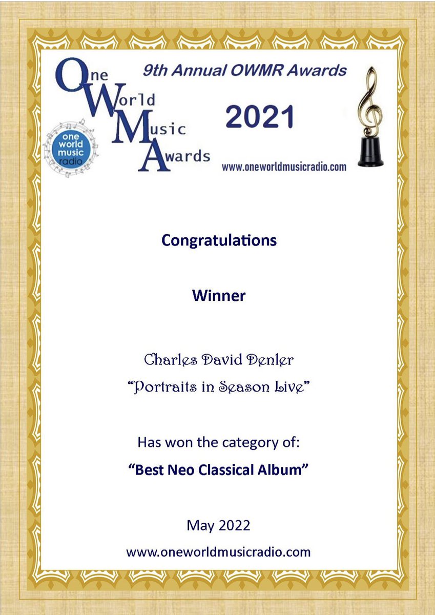 CharlesDenler's tweet photo. Huge honor to receive news that “Portraits In Season live” has won for Best Neoclassical Album at the One World Music Awards!!!! https://t.co/HZD0wSVcoU
